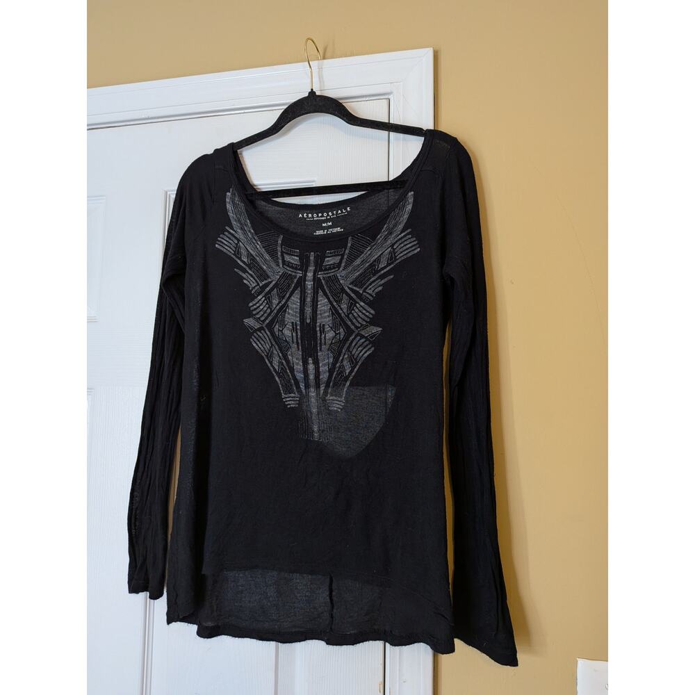 Aeropostale Sheer Off Shoulder Graphic Top Medium Black Long Sleeve Y2K Slouchy
